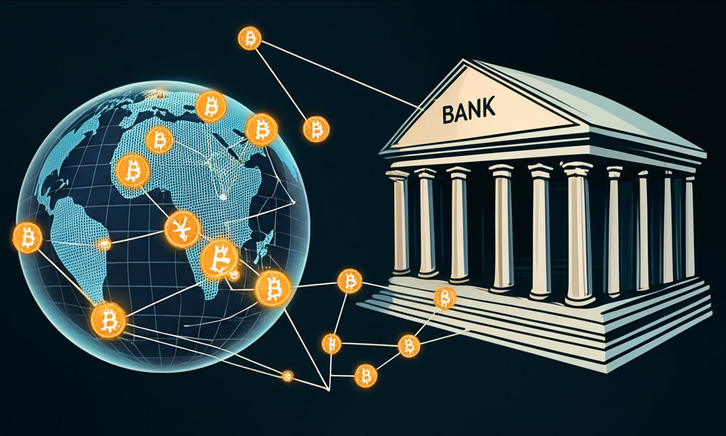 Illustration comparing two distinct financial systems one showing digital currency symbols flowing freely on a global network and the other showing traditional banknotes linked to a central bank