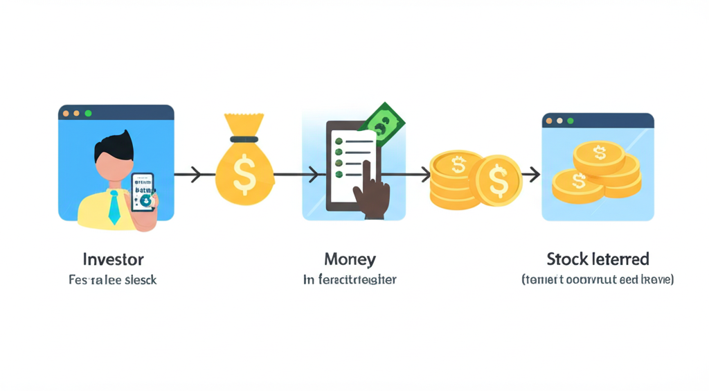 插畫呈現股票出借的步驟流程:投資者在數位平台上設定費率,證券商擔任媒合角色,金錢符號代表利息流動,清楚展示資金流向