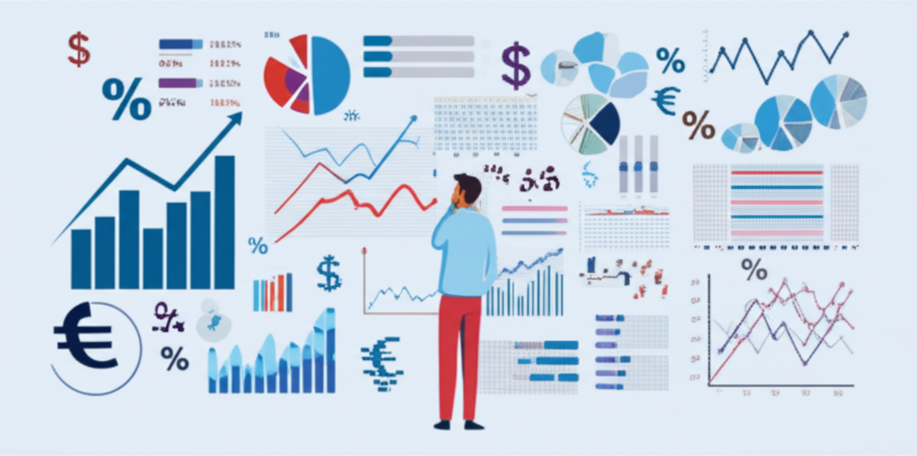 全球金融市場多元機會與挑戰的插圖，一位投資者置身其中思索複雜決策