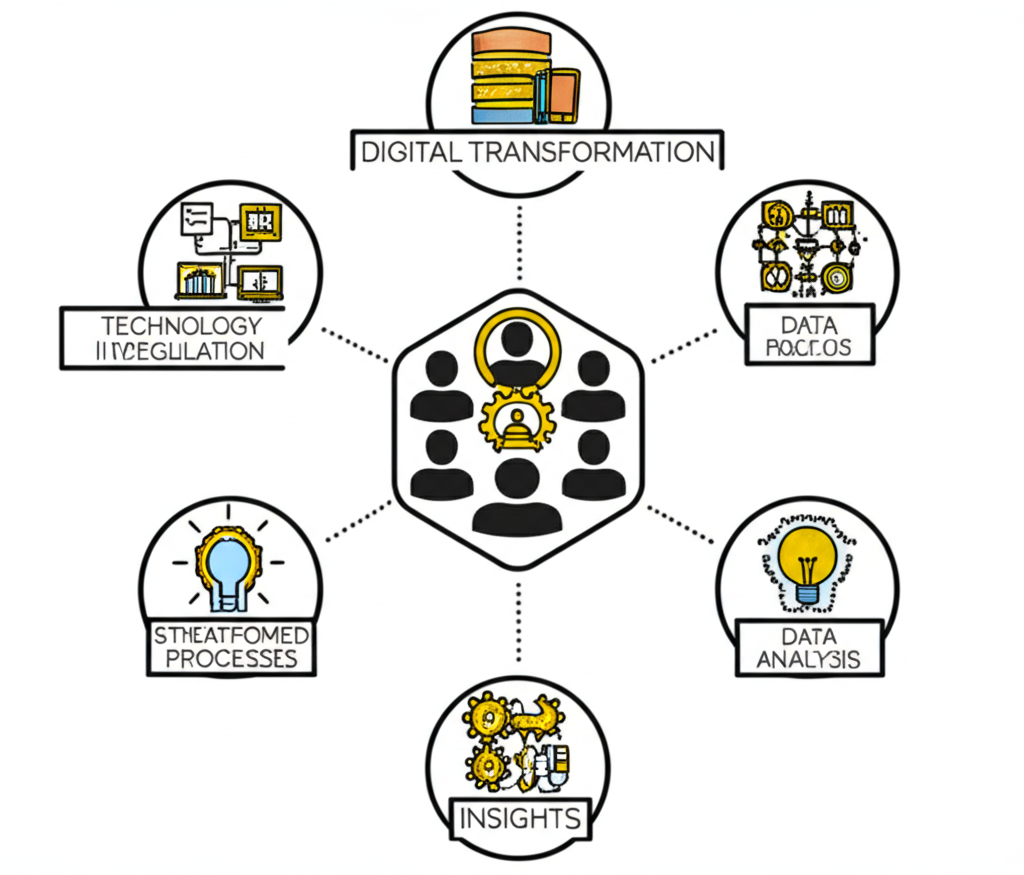 數位轉型五大核心要素示意圖:科技整合、流程優化、文化變革、客戶中心與數據驅動的整合運作