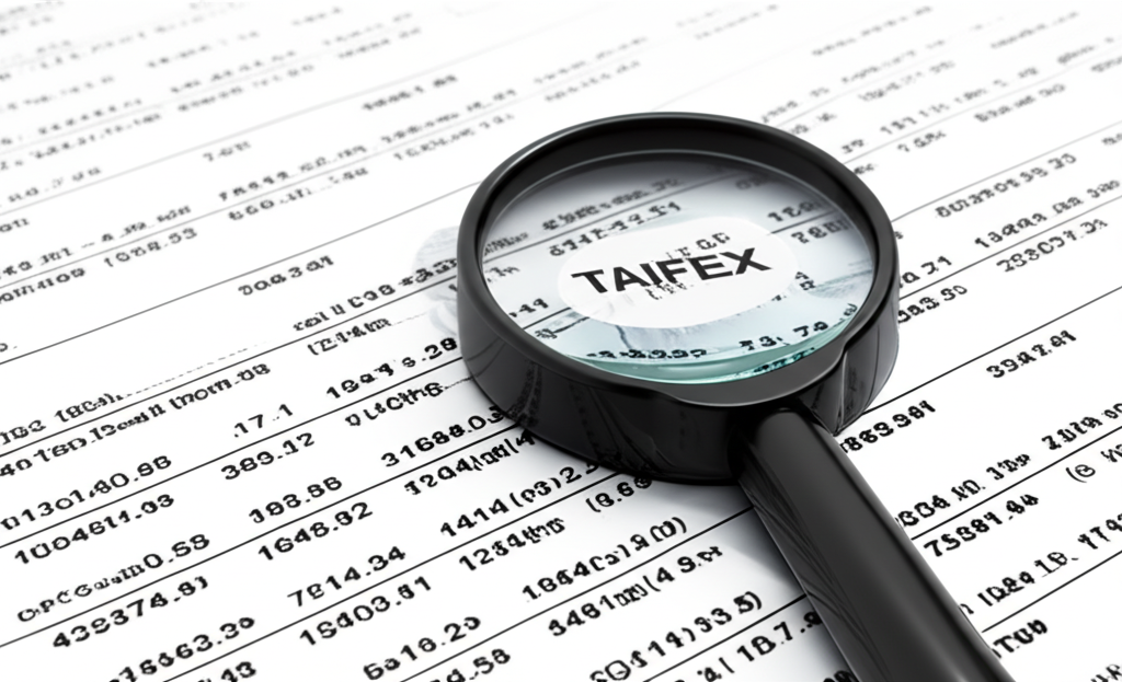 TAIFEX合約規格文件細節,放大鏡聚焦官方標誌,象徵查詢官方資訊的重要性