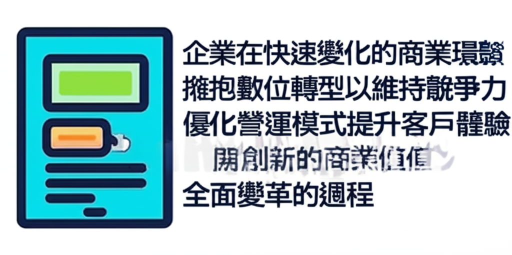 企業在快速變化的商業環境中擁抱數位轉型以維持競爭力，優化營運模式、提升客戶體驗並開創新的商業價值，全面變革的過程，illustration style