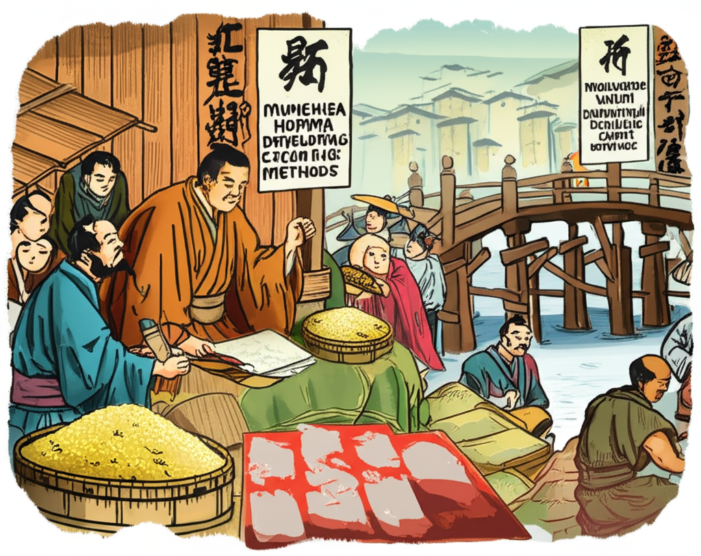 Illustration depicting an ancient Japanese rice market with traders observing rice prices a wise merchant Munehisa Homma developing chart methods a bridge to modern global finance