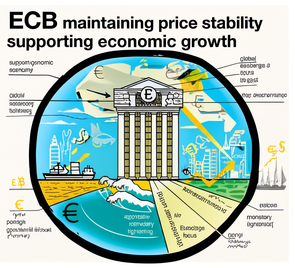 ECB maintaining price stability supporting economic growth global inflation waves aggressive monetary tightening Euro rate hike global financial market focus impact Eurozone economy global foreign exchange market international trade investment landscape illustration style