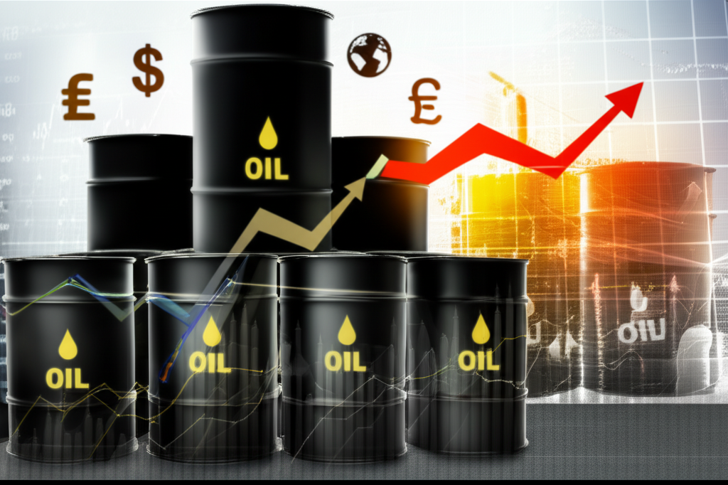 原油期貨交易與全球經濟影響的圖示，包括油桶、金融圖表和產業符號