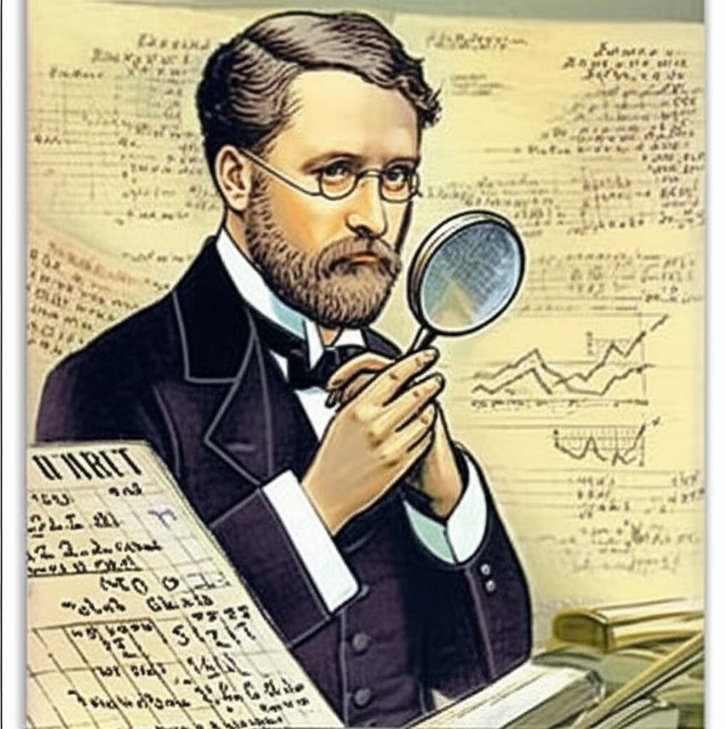 查爾斯·道手持放大鏡觀察股市圖表,象徵道氏理論的起源