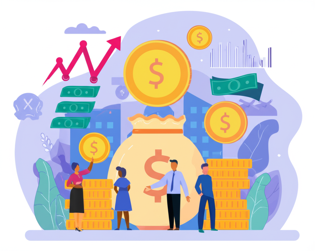 投資者集資圖:多元群體將資金投入中央基金,由專業人士管理,背景包含股票與債券,象徵分散與規模優勢