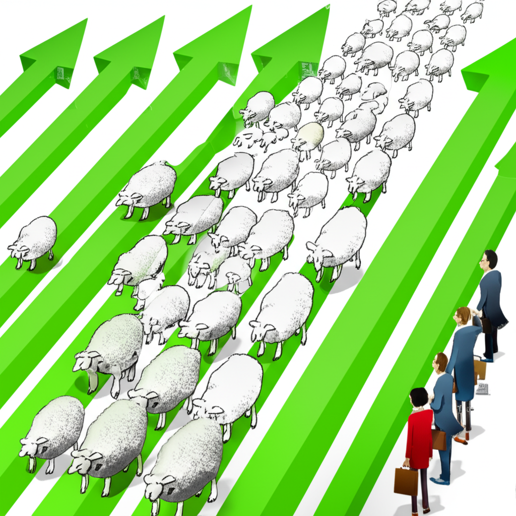 羊群效應在順勢交易中強化市場趨勢，交易者跟隨股票箭頭路徑
