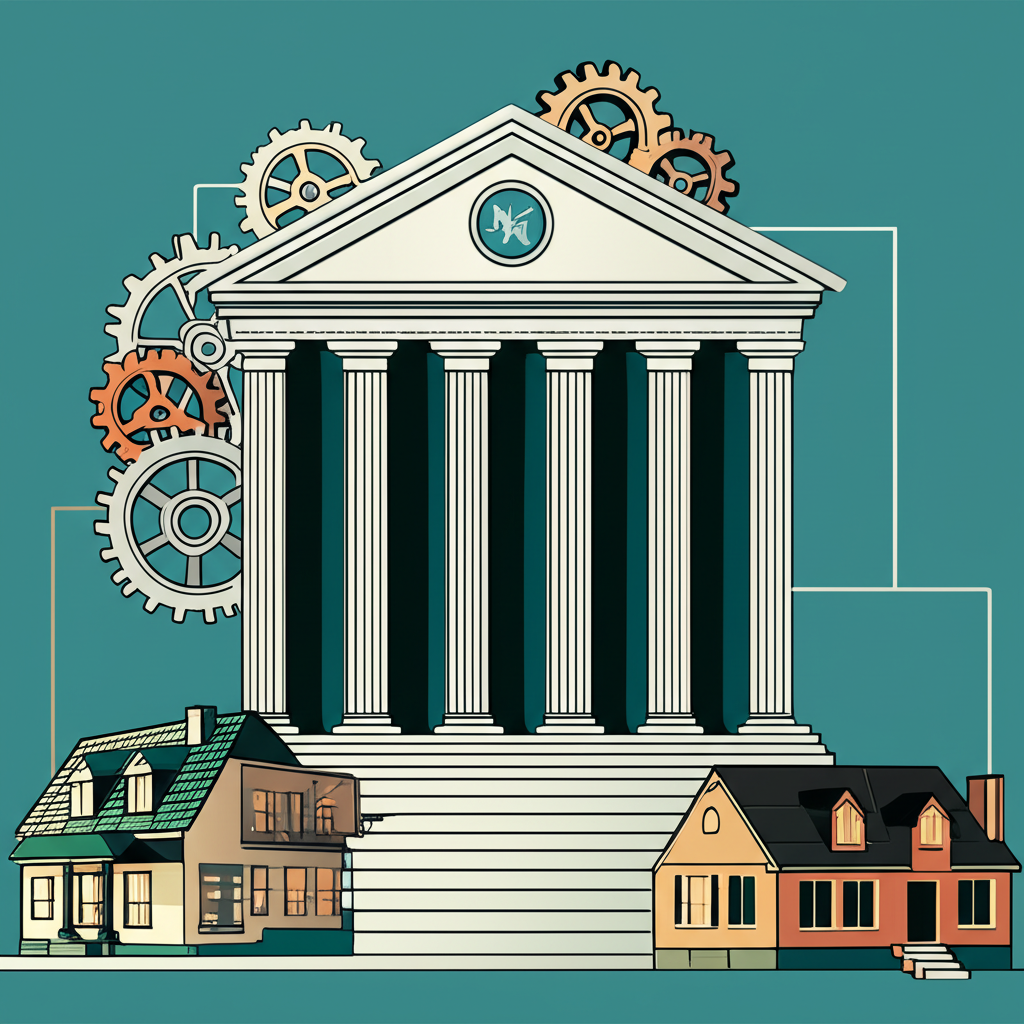 中央銀行建築物與齒輪槓桿影響資金流向房屋與企業，象徵利率對經濟的衝擊