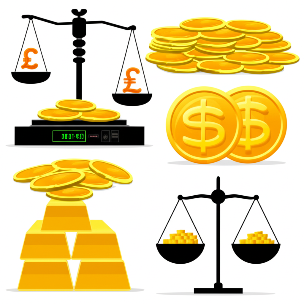 古金幣與現代金條的插圖,顯示各種秤與貨幣符號,代表全球貿易與計量挑戰