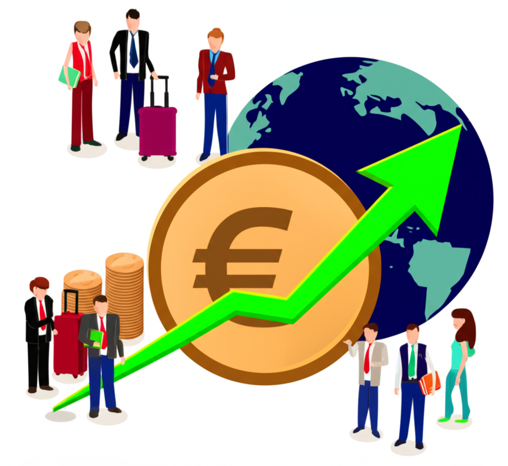 插圖：一枚歐元硬幣，背景為地球，周圍有旅行者、學生與投資者，共同關注上升與下降的箭頭