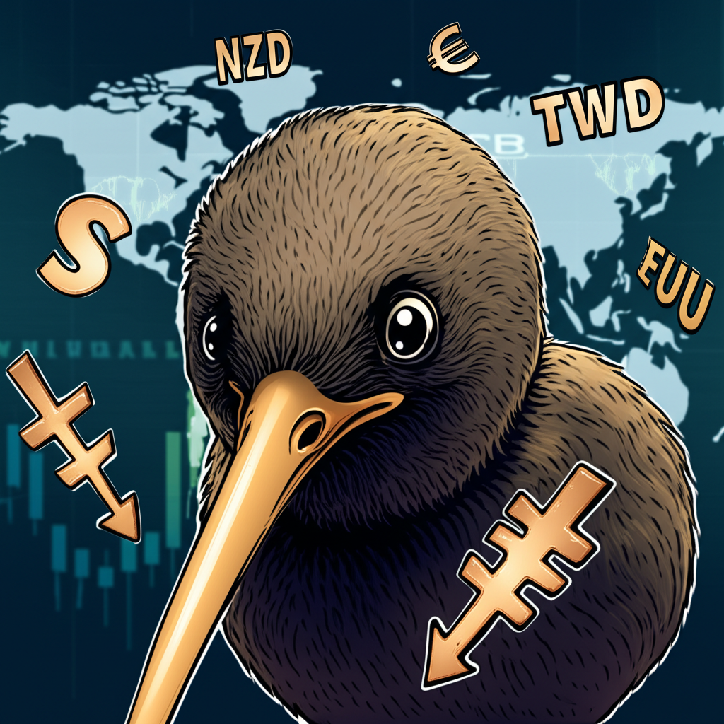 紐西蘭元走弱示意圖,奇異鳥表情擔憂,周圍貨幣符號下跌,背景為全球金融走勢圖