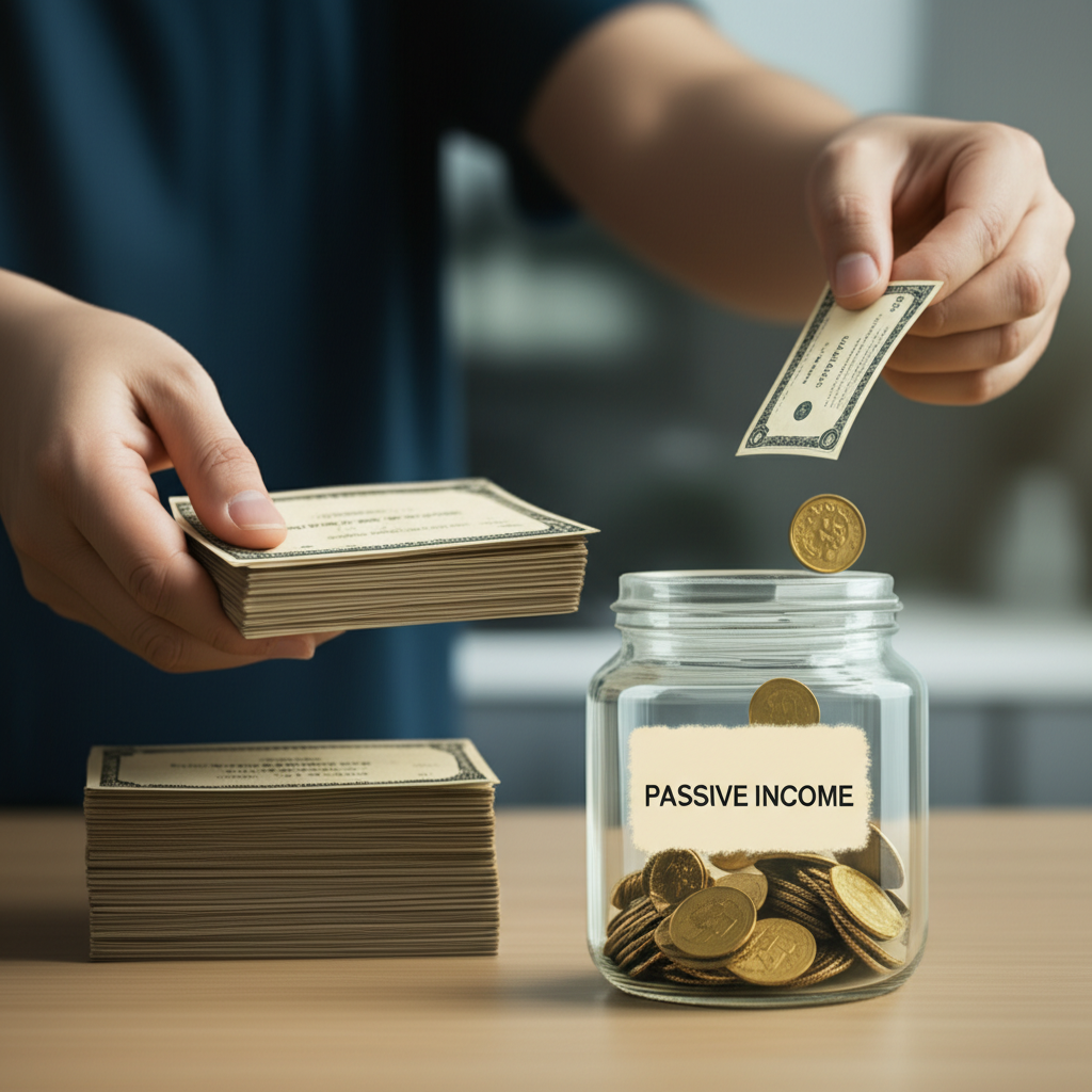 閒置股票轉化為被動收入的圖示,顯示資金從股票流向儲蓄罐並強調彈性時間軸