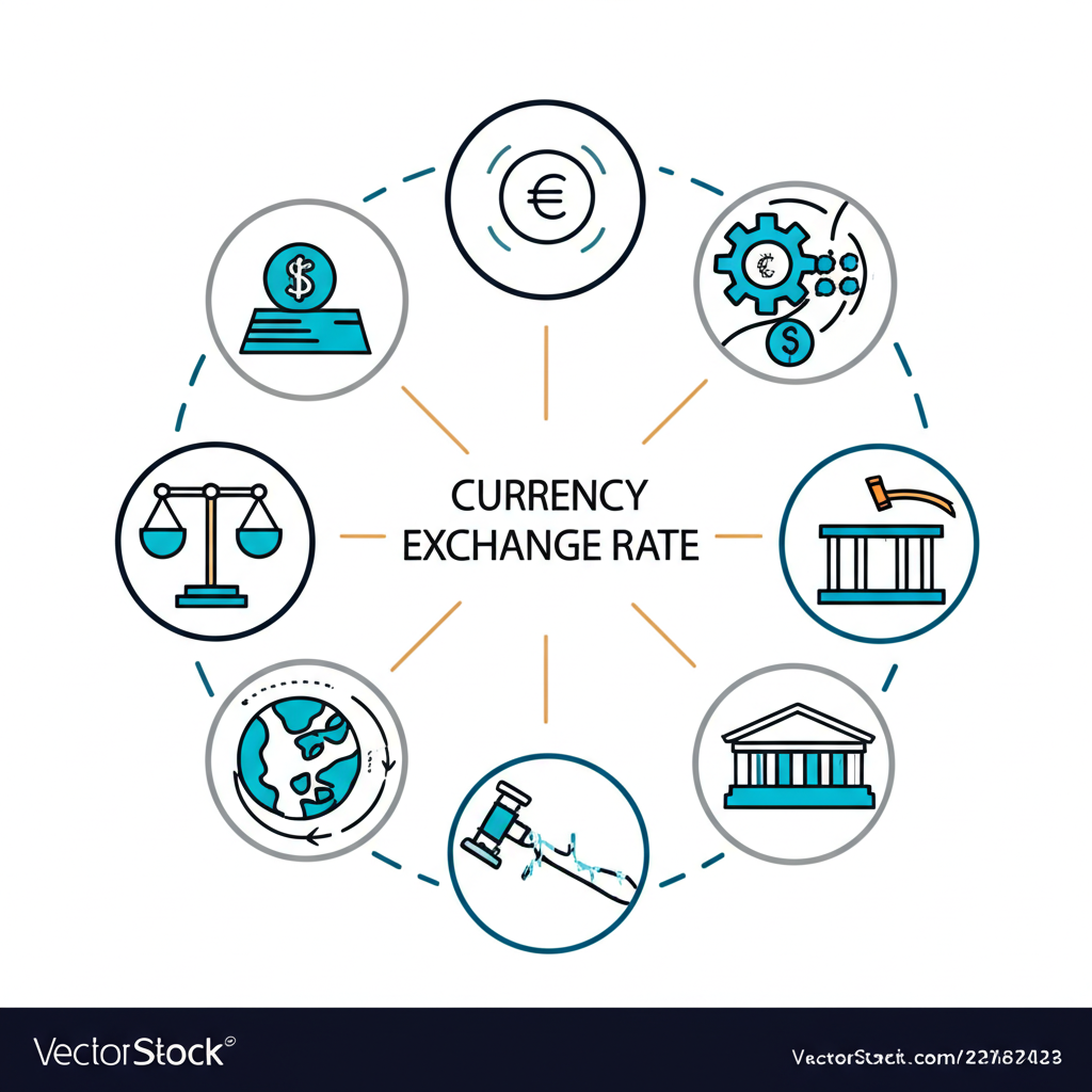 六大因素影響匯率波動的插圖，包括經濟成長、貿易順差、貨幣政策、地緣政治、資本流動和央行干預，用線條連接顯示互聯