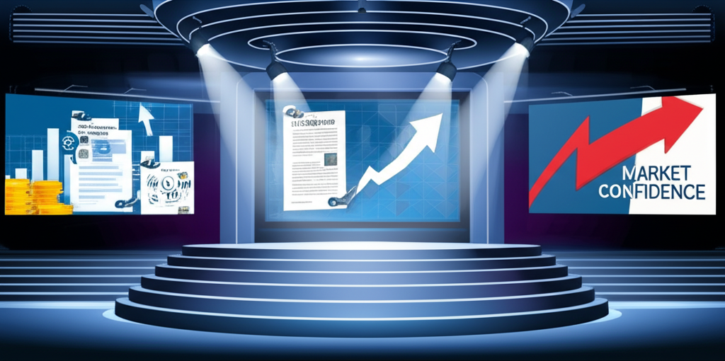 Financial conference stage with spotlight on digital mortgage documents and advertising billboards symbolizing top investment picks and market confidence