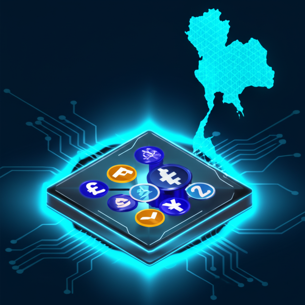 數位貨幣符號環繞安全交易平台，地圖標示泰國位置，強調本地投資者保障