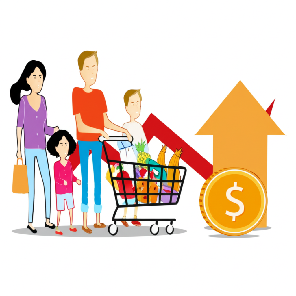 家庭購物時價格標籤上漲而錢幣縮小,象徵消費者物價指數與通貨膨脹影響