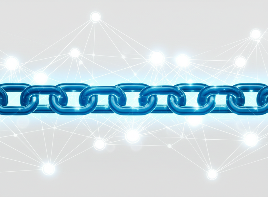 Illustration of interconnected glowing blockchain blocks forming a secure chain with data flowing between them and multiple network nodes verifying transactions a distributed ledger system