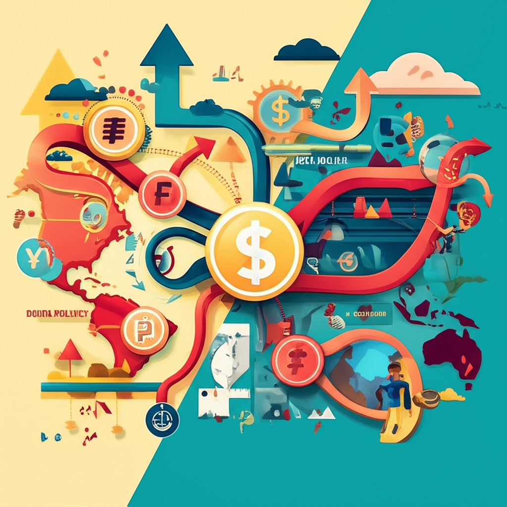全球經濟景觀插圖,顯示貨幣流動與影響美元的關鍵因素如經濟數據、貨幣政策、地緣政治和市場情緒