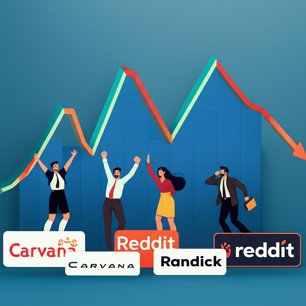 An illustration of a stock chart showing dramatic ups and downs. Below it are stylized company logos like Carvana and Reddit with investors reacting to earnings reports a vibrant illustration