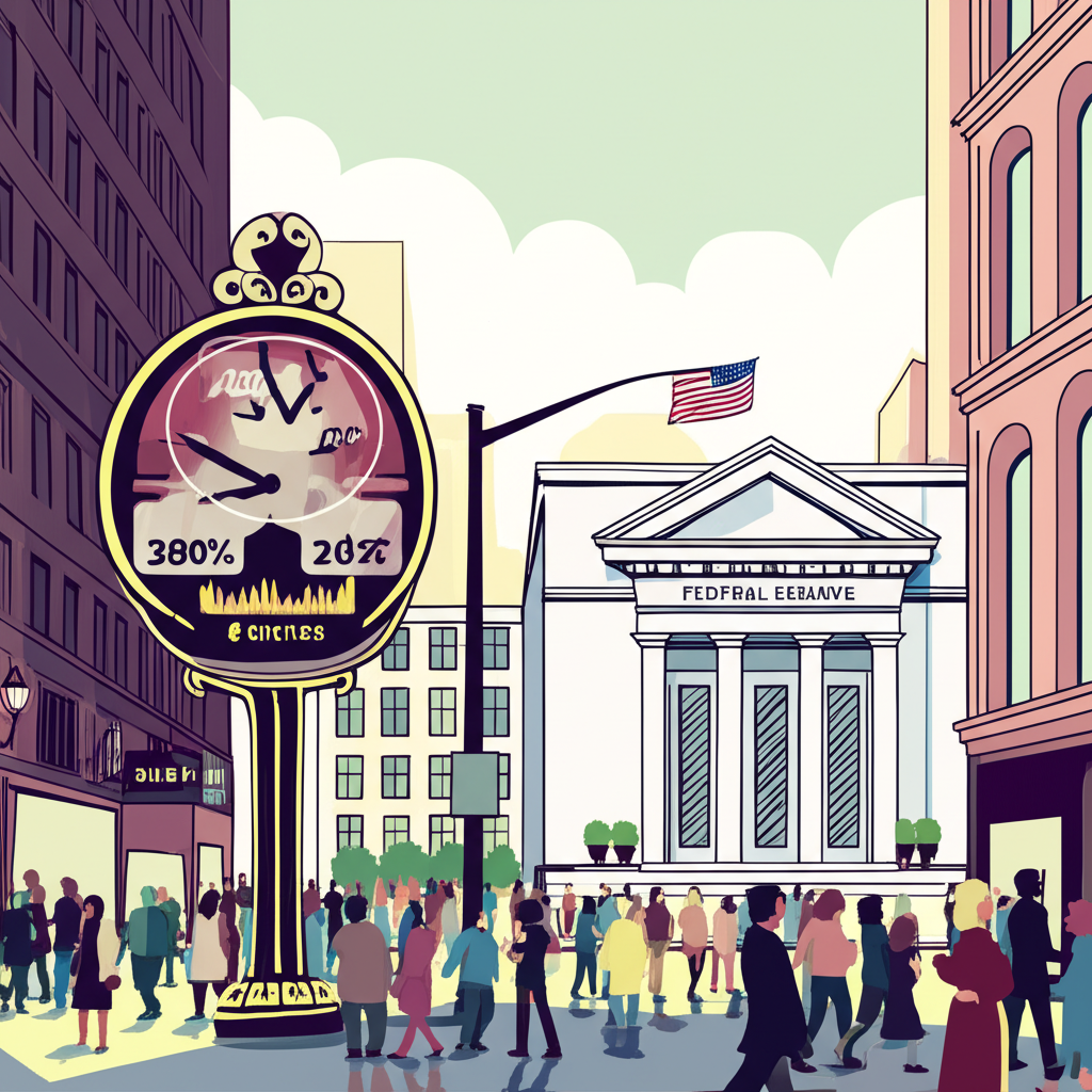 An illustration of a bustling US city with a giant clock showing economic indicators and the Federal Reserve building in the background symbolizing monetary policy decisions illustration style