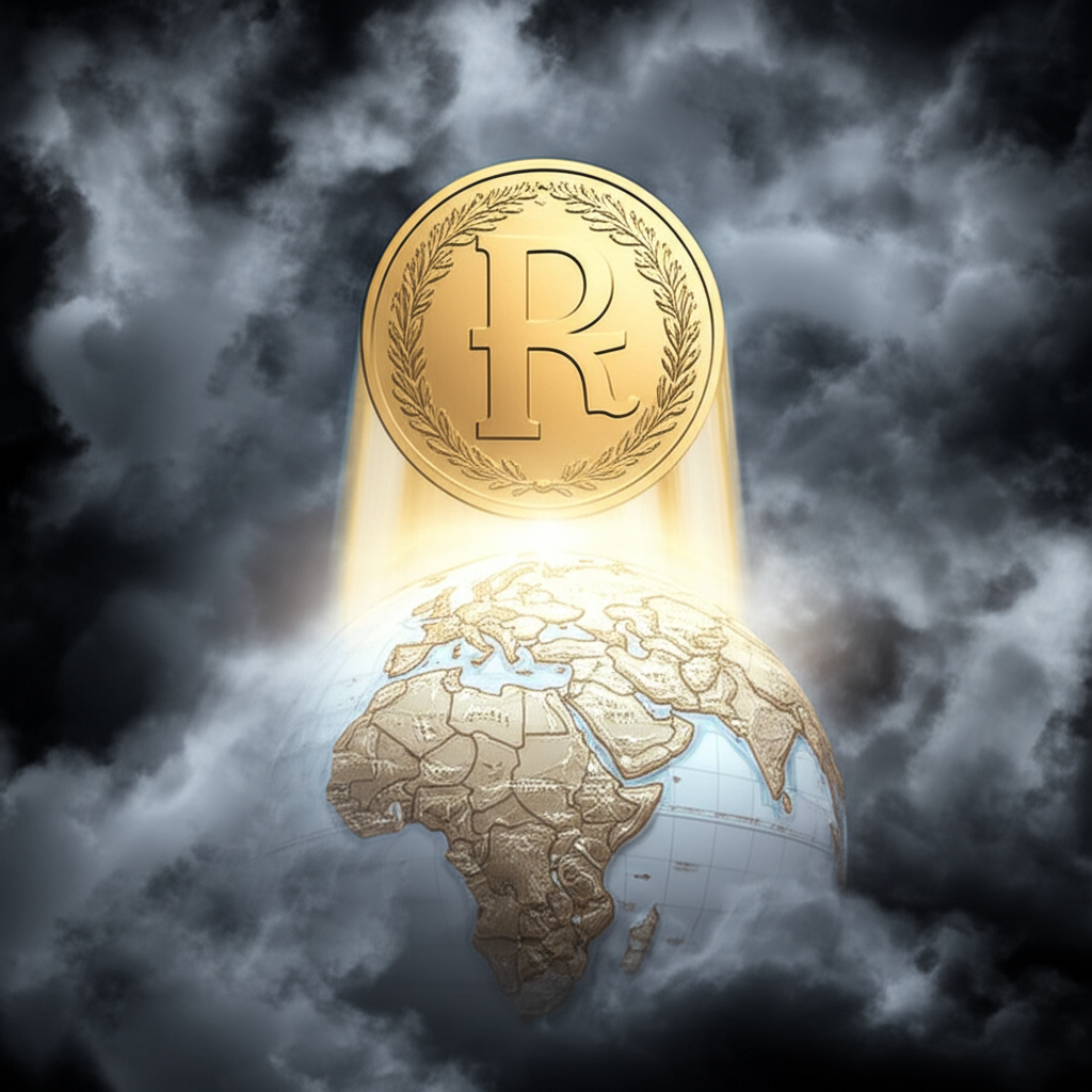 瑞士法郎幣如雄鷹般翱翔全球之上，周遭環繞經濟風暴雲朵，象徵其避險地位與對投資人的全球影響