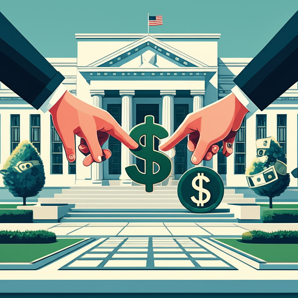 聯準會大樓插圖,顯示調整利率導致資金流入或流出美元,代表升值或貶值過程