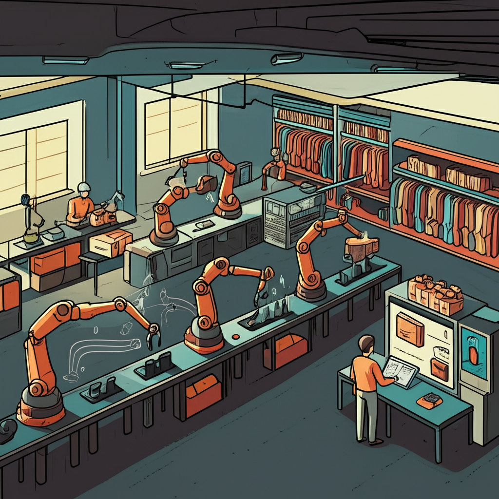 An illustration showing traditional industries like manufacturing and retail with subtle AI elements integrated into their operations symbolizing efficiency gains and new market opportunities the concept of legacy stocks evolving with AI