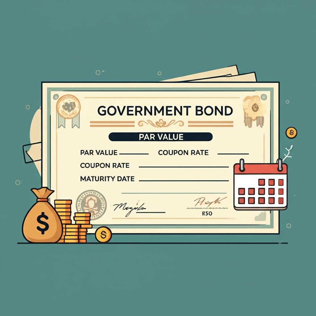 風格化政府債券證書,清楚標示『面額』、『票面利率』與『到期日』欄位,搭配錢袋與日曆圖示