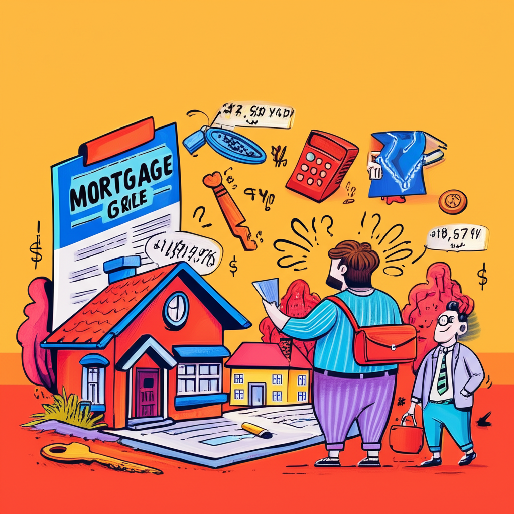 人們觀看房屋和房貸文件,利率與還款數字浮現,困惑的購屋者和精明的投資者在充滿活力的市場插圖