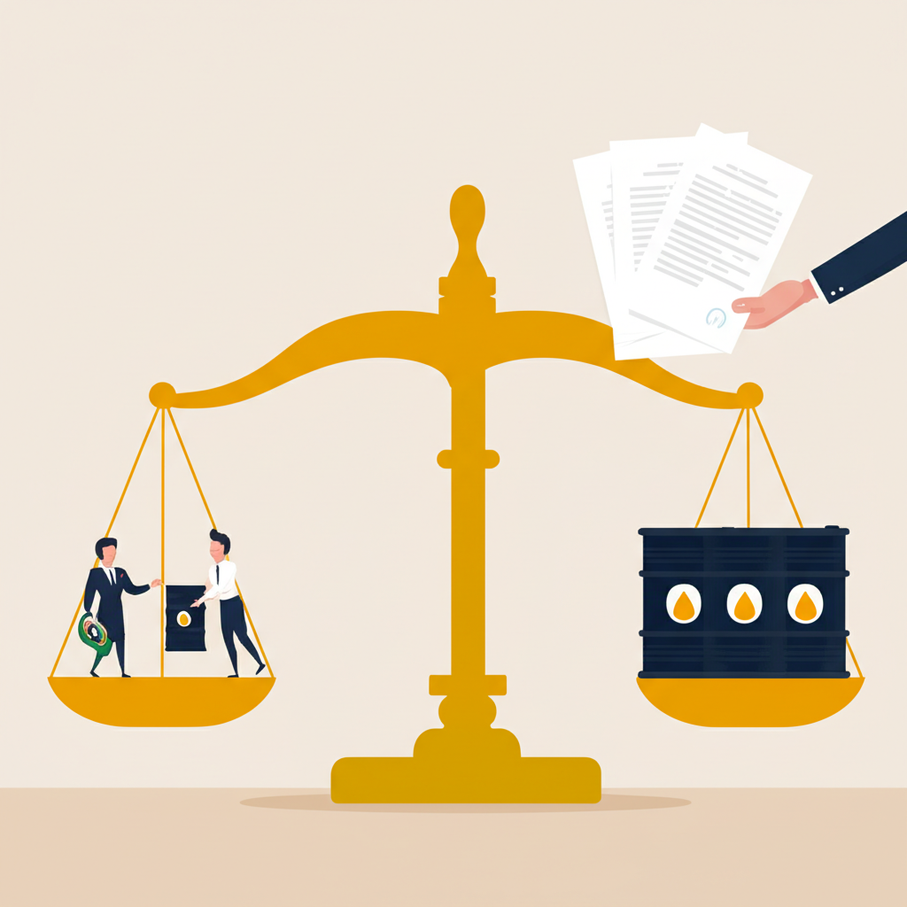 天平平衡買方接收油桶與賣方交付，伴隨法律文件象徵權利義務