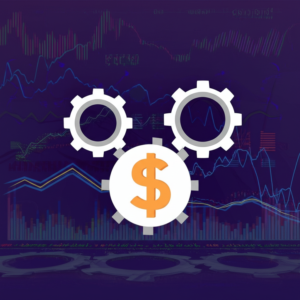 三個互聯齒輪代表澳洲央行政策、全球商品價格與宏觀經濟展望，影響澳幣符號，周圍環繞圖表與數據