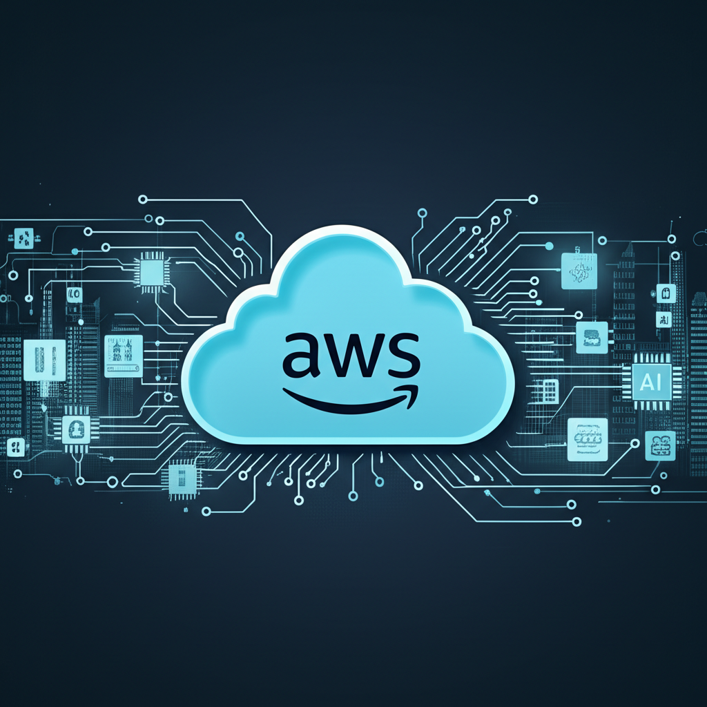 AWS雲端服務領導市場，AI符號如神經網絡與數據流驅動成長，企業遷移雲端託管AI模型的場景