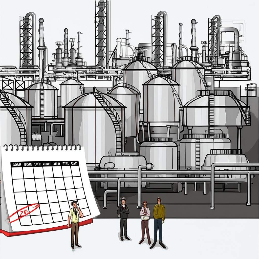 複雜的管道和儲油槽網絡，曆上標註關鍵交割日，投資人面露憂慮
