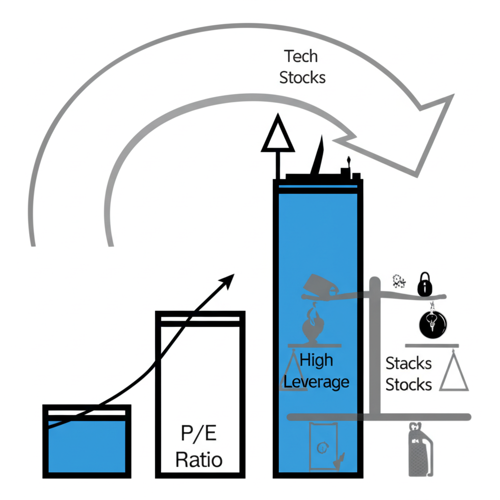 金融股本益比特性插圖，顯示低成長曲線與槓桿風險及經濟循環