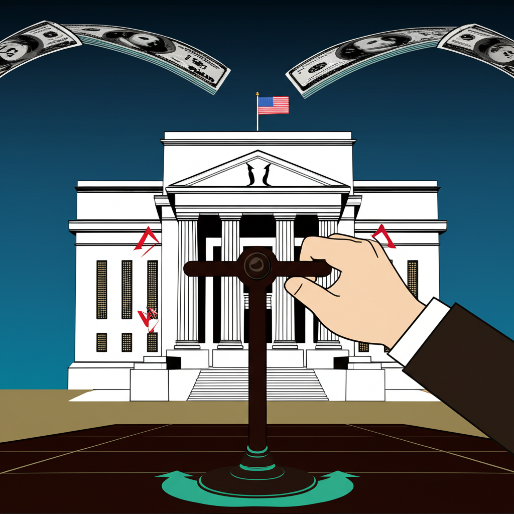聯準會大樓與巨手操縱利率槓桿示意圖,象徵貨幣政策對全球資金流動與美元資產吸引力的影響
