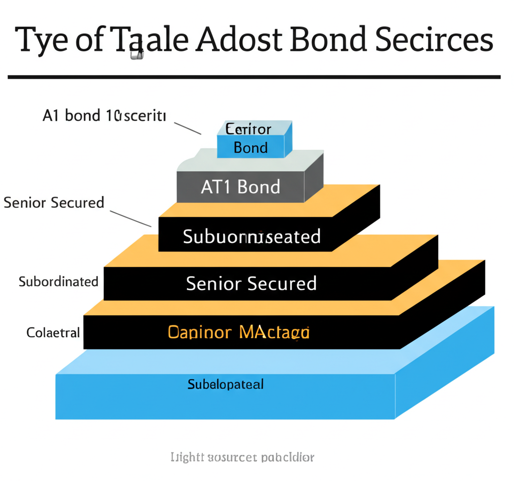 不同債券類型堆疊圖示,顯示主順位有擔保、無擔保、次順位及 AT1 債券的順位層級