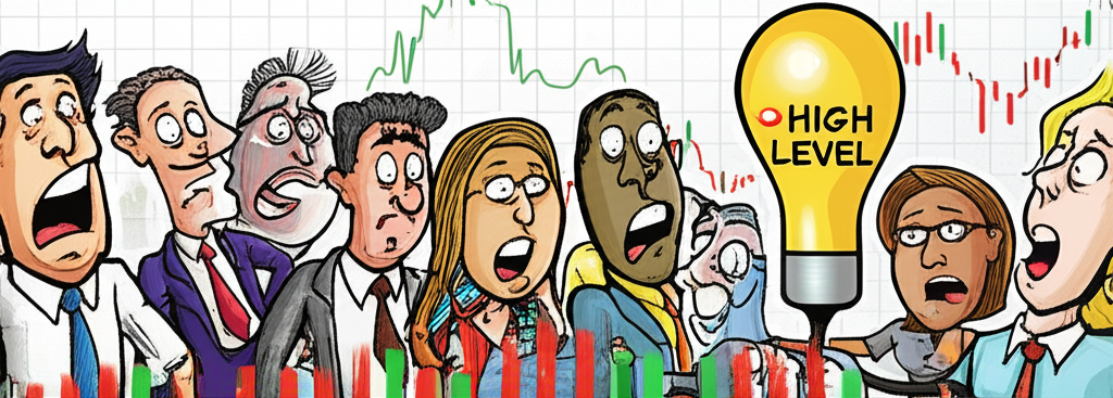 投資者群像在波動劇烈的股市圖表中瘋狂交易，伴隨極端泡沫指標的生動插圖