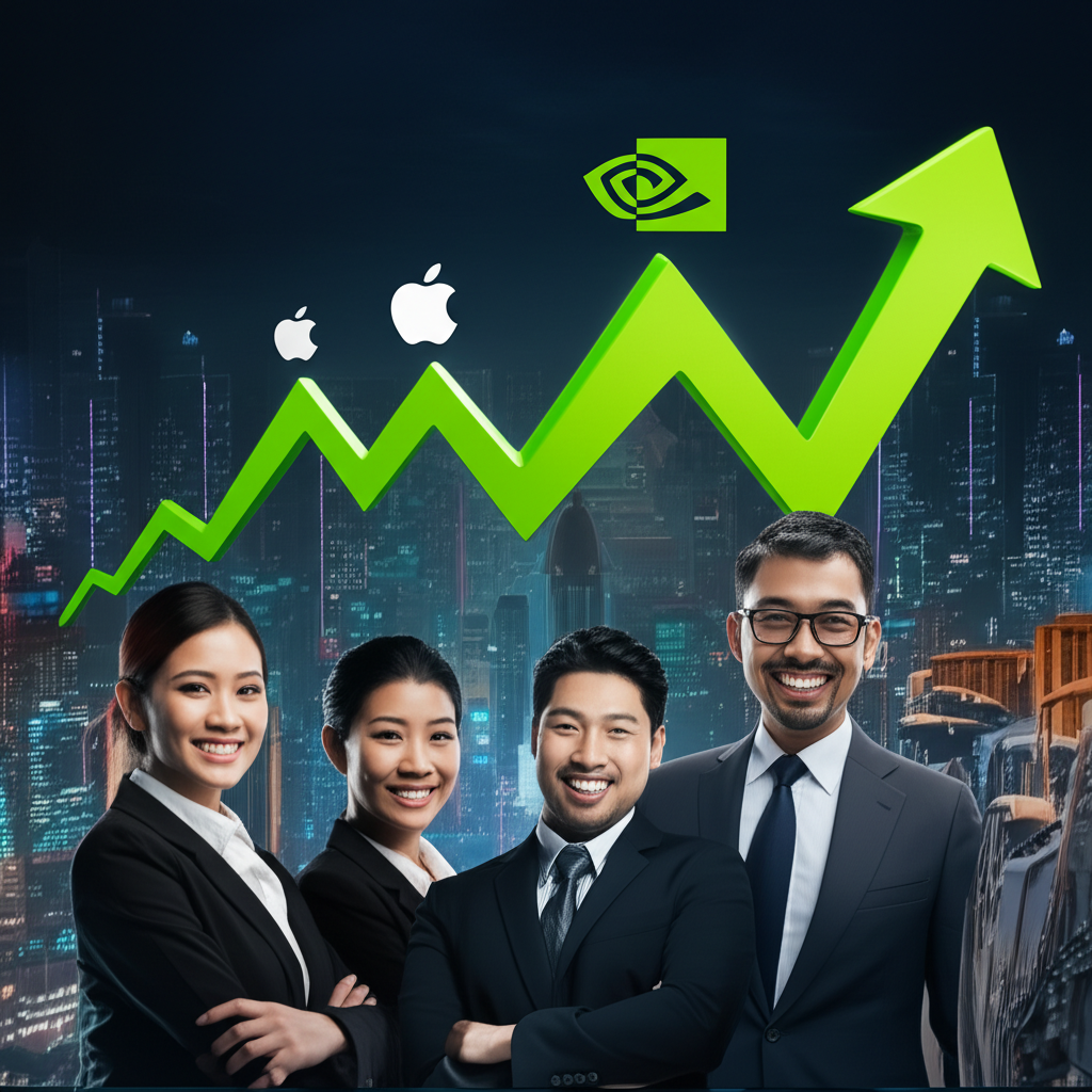 Bustling stock market illustration with Apple and Nvidia logos soaring on upward trending charts over a city skyline, symbolizing investor confidence in tech-driven markets