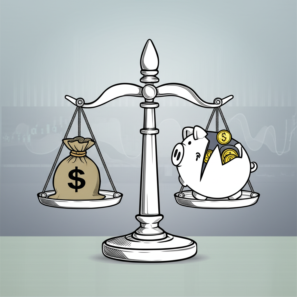 風險報酬比的平衡天平,象徵金融市場中獲利與風險的權衡