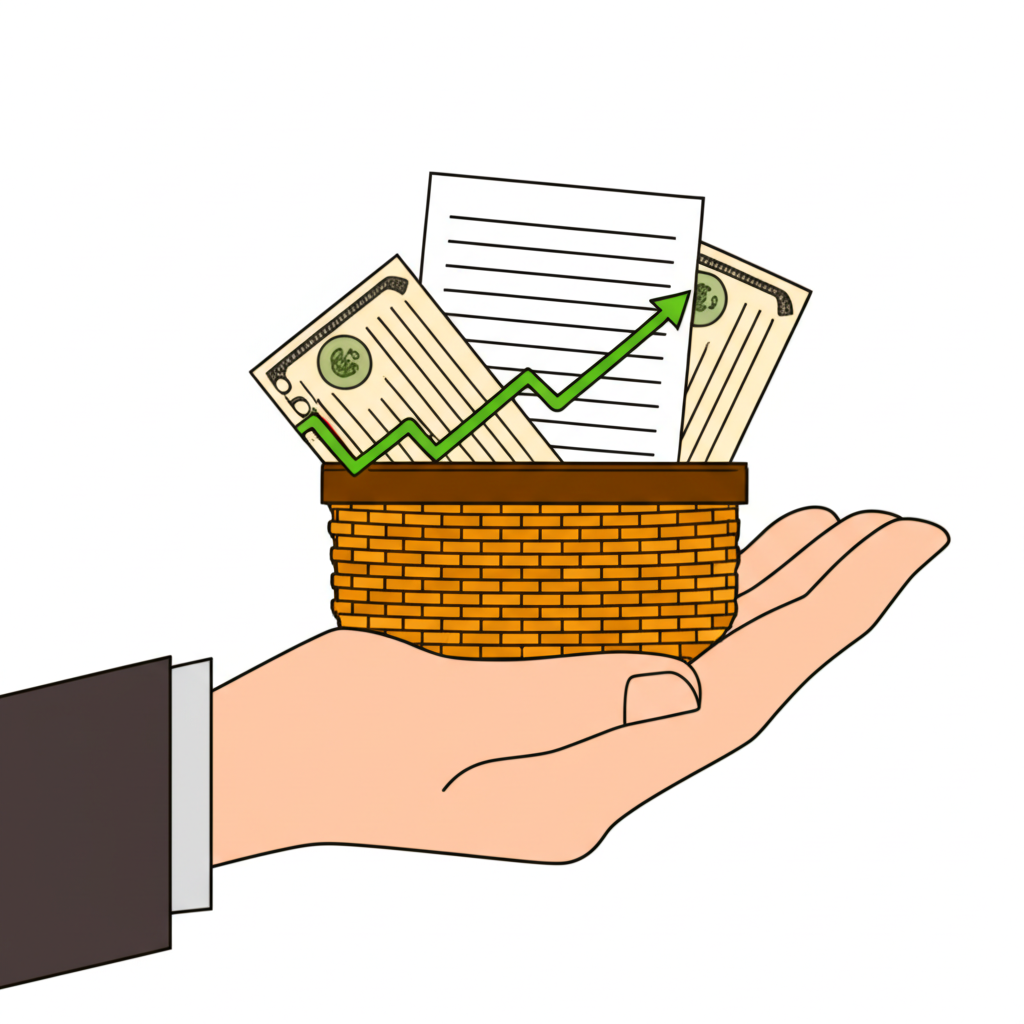 債券ETF穩定報酬與資產配置插圖,展示手持多樣金融工具的籃子象徵穩健投資