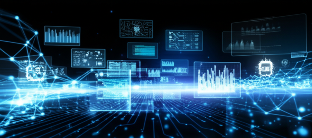 數位行銷動態景觀，包含數據流動、人工智慧符號與發光螢幕，象徵商業策略與未來趨勢