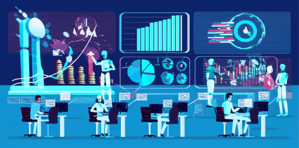 大型現代企業中,AI機器人和數據流優化流程,辦公室環境中顯示顯著生產力增長圖表