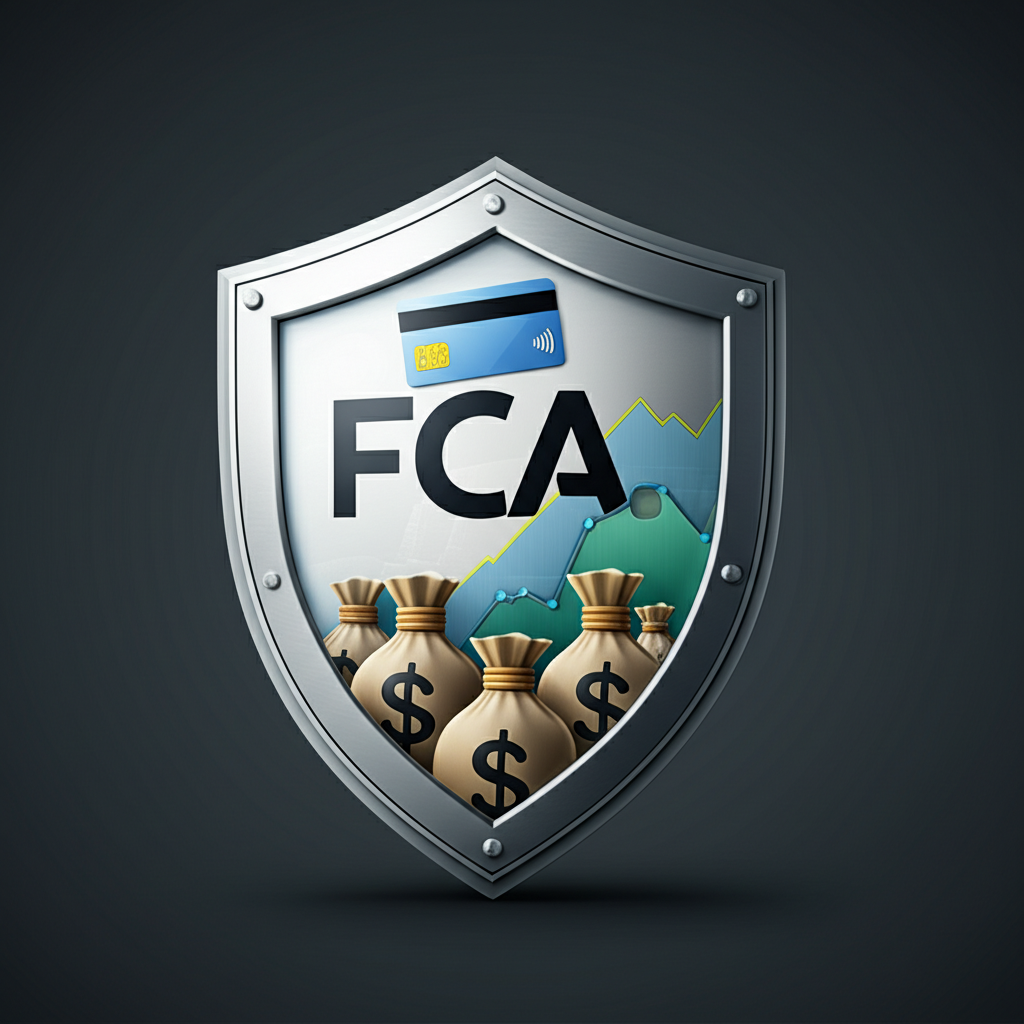 盾牌圖像帶FCA標誌保護信用卡、股票圖表和錢袋等金融活動,代表FCA牌照作為信任、合規與投資者安全的象徵,在公平交易環境中