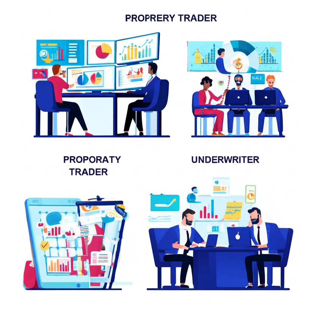 自營商、經紀商與承銷商三者差異的比較插圖，突出業務性質、資金來源與盈虧責任