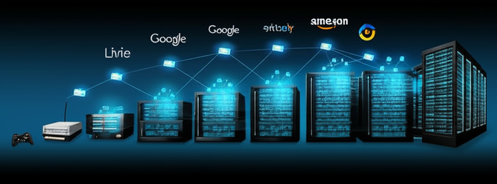 NVIDIA GPU從遊戲主機演進到大型伺服器機架,連接全球科技巨頭如Google和Amazon的閃耀AI神經網路插圖