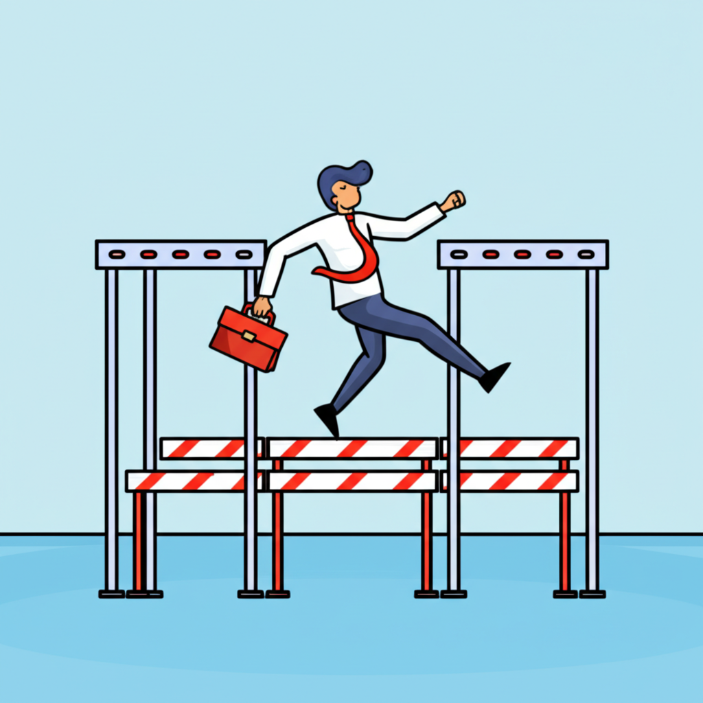 自營交易公司考試挑戰插圖,決心堅定的交易員穿越象徵盈利和風險管理測試的障礙賽道