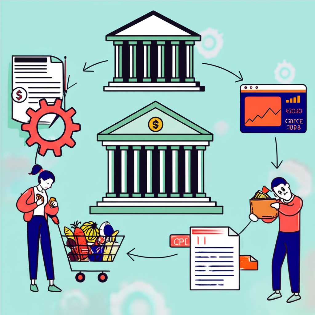 央行建築與齒輪、政策文件、購物車及錢包檢查,連結CPI數據