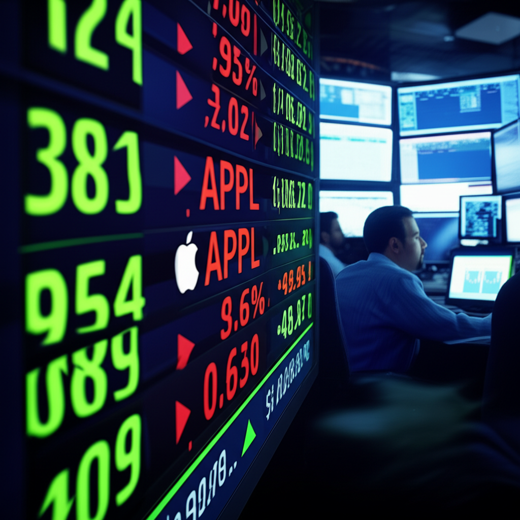 股市跑馬燈顯示蘋果股價快速波動,交易員緊張注視螢幕,反映財報後波動性與未來指引影響