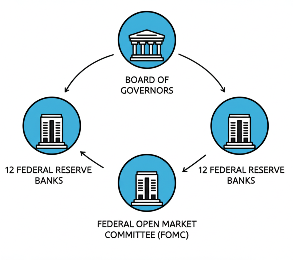 聯準會組織架構圖示,包含理事會、公開市場委員會與12家地區銀行